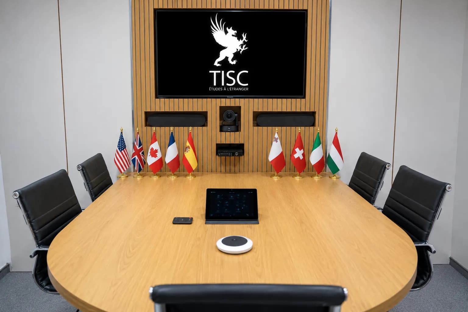 Salle de réunion TISC avec le logo à l'écran et les drapeaux des pays partenaires